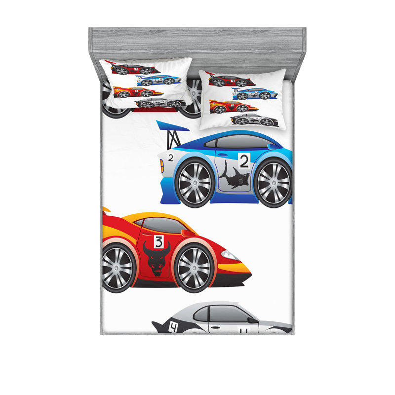 Ambesonne Cars Fitted Sheet & Pillow Sham Multicolor, Full Sheet Set + 5 Additional Pieces