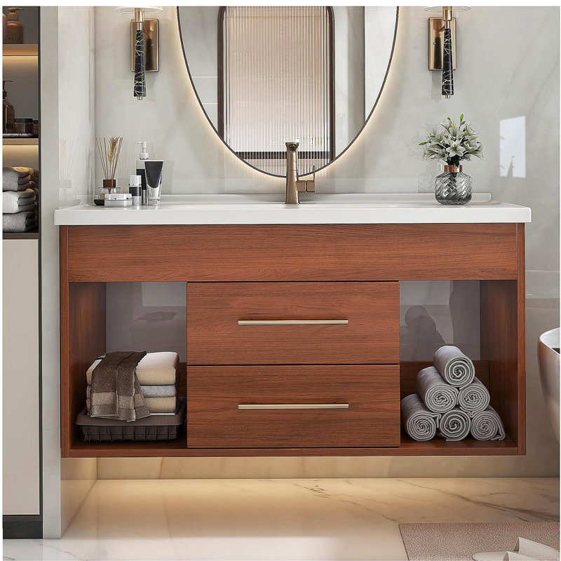 Meuble-lavabo simple 35,4 po Mid-Century avec lavabo encastré en céramique intégré