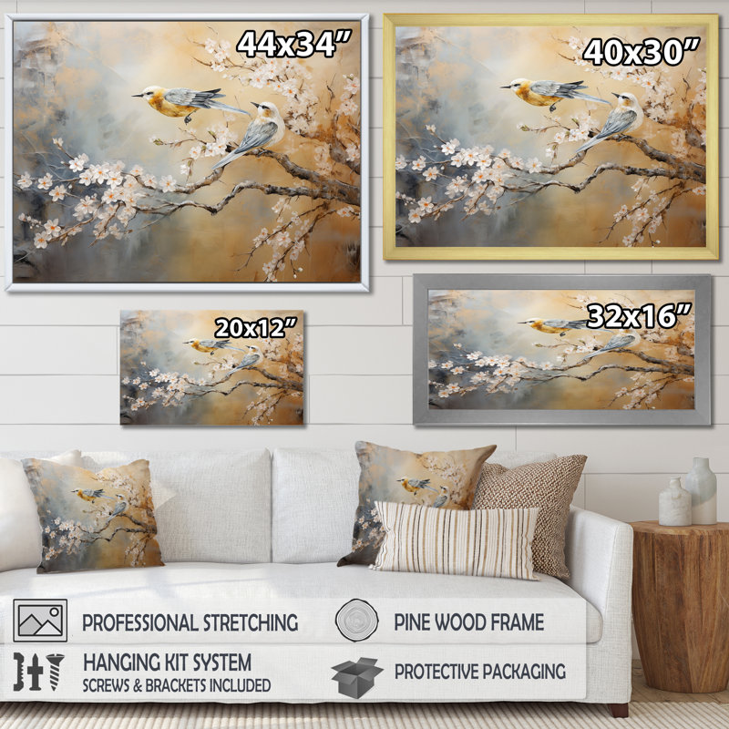 Or doré et gris sur un arbre floral I - oiseau, art mural, Cadre flottant noir, H 16 po x l 32 po x P 1 po
