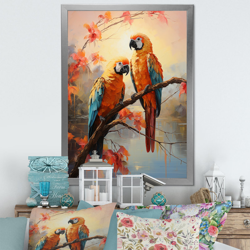 Perroquets coucher de soleil sérénade sur toile, H 40 po x l 30 po x P 1,5 po, Cadre photo argenté