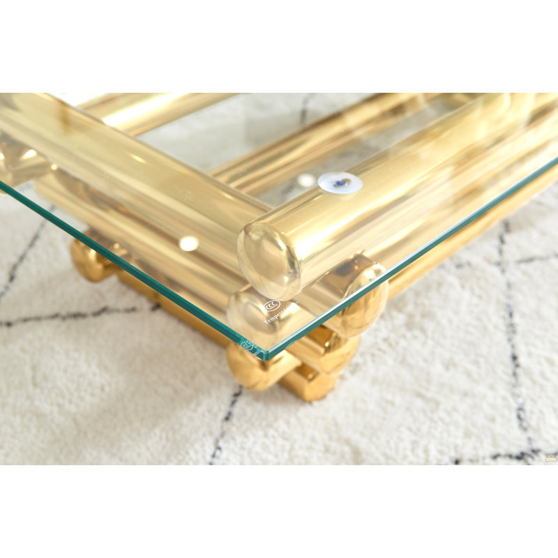 Table basse rectangulaire en acier inoxydable de 55 po, plateau en verre trempé transparent
