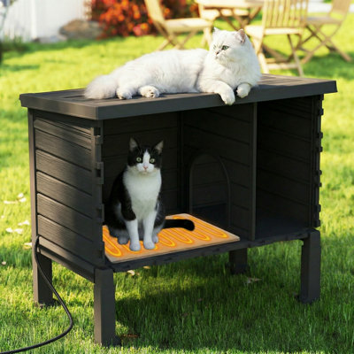Abri pour chat en résine résistant aux intempéries avec plancher surélevé de 26,79 po de hauteur (noir) (coussin inclus)