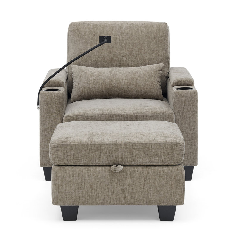 Single sofa recliner with manually adjustable backrest, USB charging port on the armrest side, phone stand included, hidden armrest storage, and a matching storage ottoman