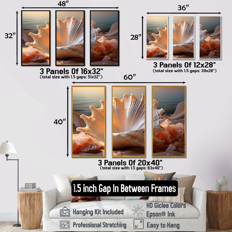 Opulente, coquillages symboliques I - ensemble d'art mural coquillage, Cadre flottant doré, H 40 po x l 60 po x P 1 po