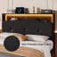Structure de lit double avec tête de lit tapissier en velours à 2 niveaux, structure de lit plateforme en bois avec station de charge et lumières à DEL, naturel-1046032266-1046032267