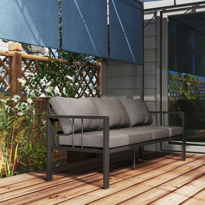 Canapé d'extérieur 3 places, canapé de patio en aluminium avec coussins, gris foncé