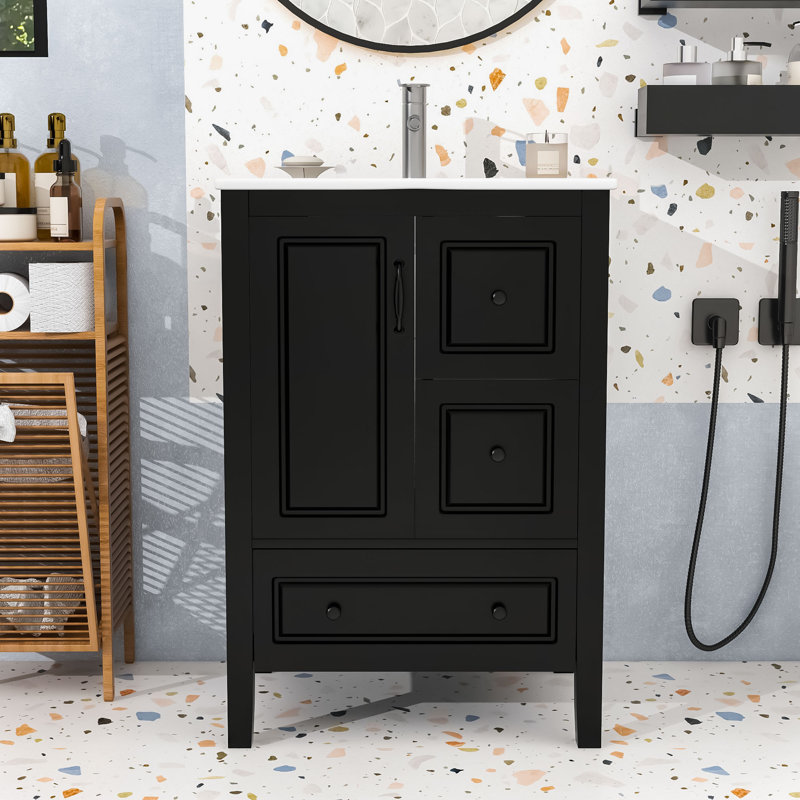 Meuble-lavabo autoportant classique de 24 pouces avec tiroirs à fermeture en douceur, Noir