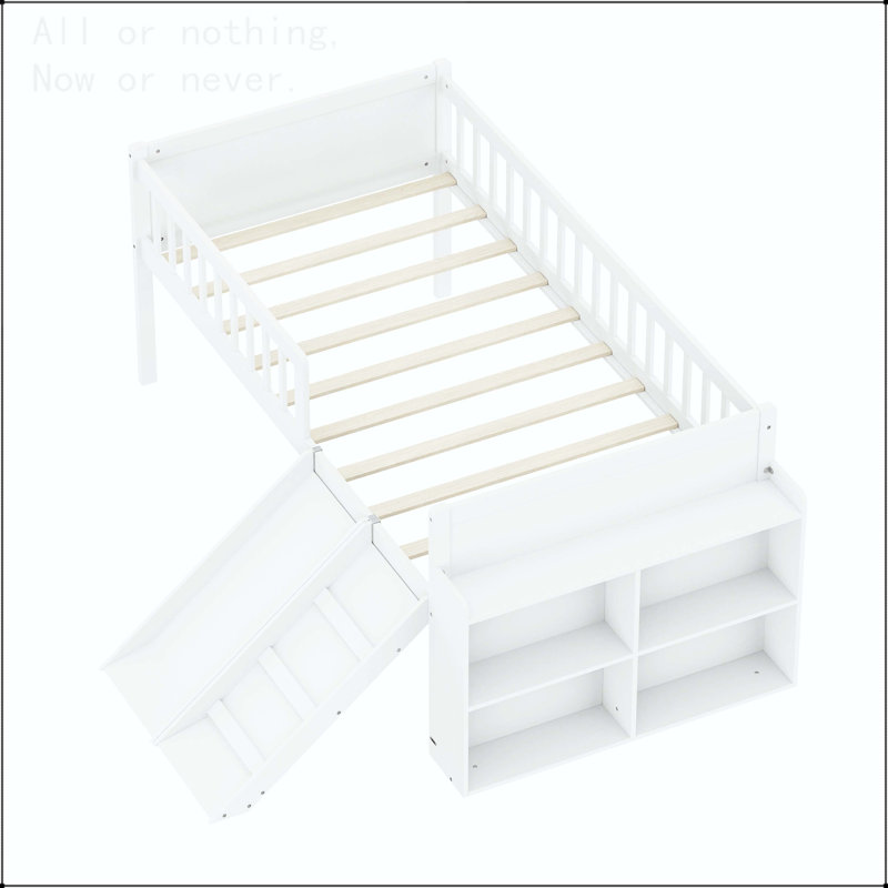 Twin Size Bed Frame with Storage Shelf, Slide, and Ladder, White