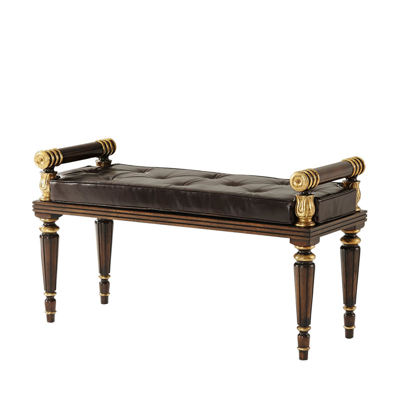 Theodore Alexander Mahogany and Leather Upholstered Bench