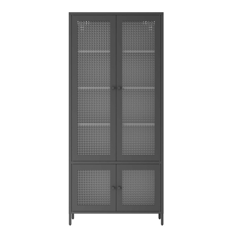 Large Metal Storage Cabinet Display Cabinet, Waffle-Grids Tempered Glass, Black