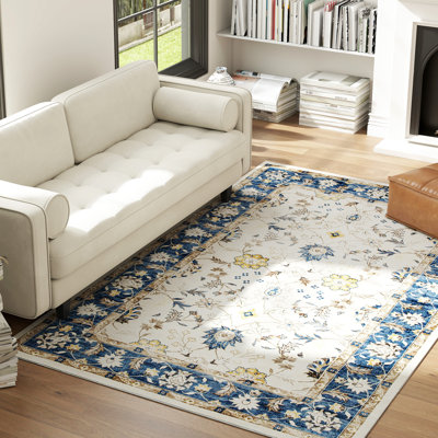 Area Rug 5x7, Machine Washable Rug, Non-Slip Boho Floral Print Floor Cover Foldable Carpet for Living Room, Bedroom, Dining Room, Blue