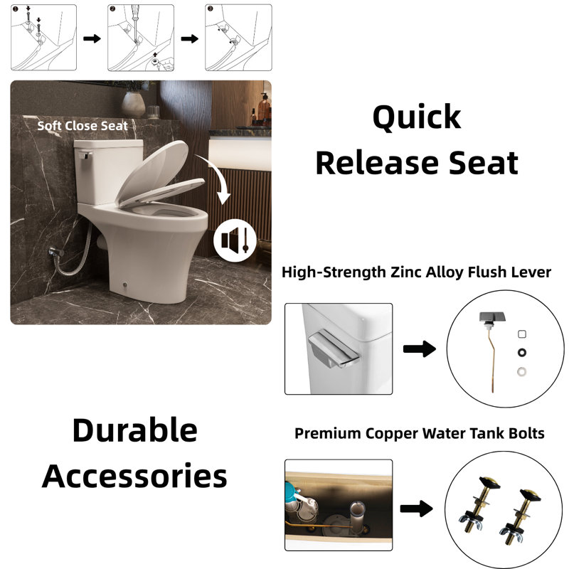 MaceratingFlo Rear Outlet Toilet, 18'' Comfort Height, Elongated Bowl, 1.28 GPF Rimless Flush, P-Trap Two Piece Toilet, Two Extension Pipes Included
