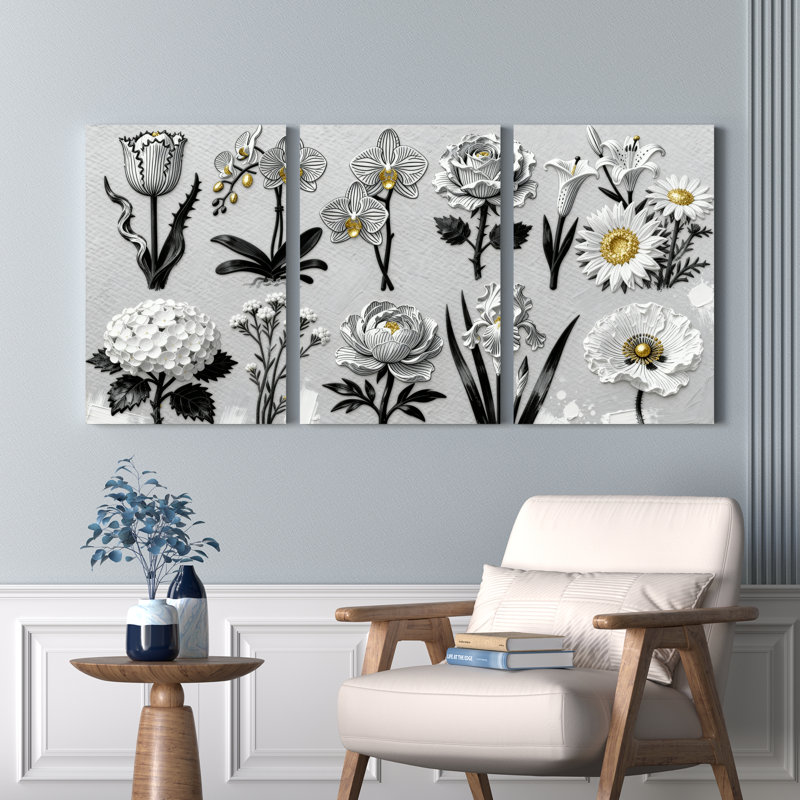 Toiles décoratives florales botaniques en noir et blanc (ensemble de 4), H 18 po x l 36 po
