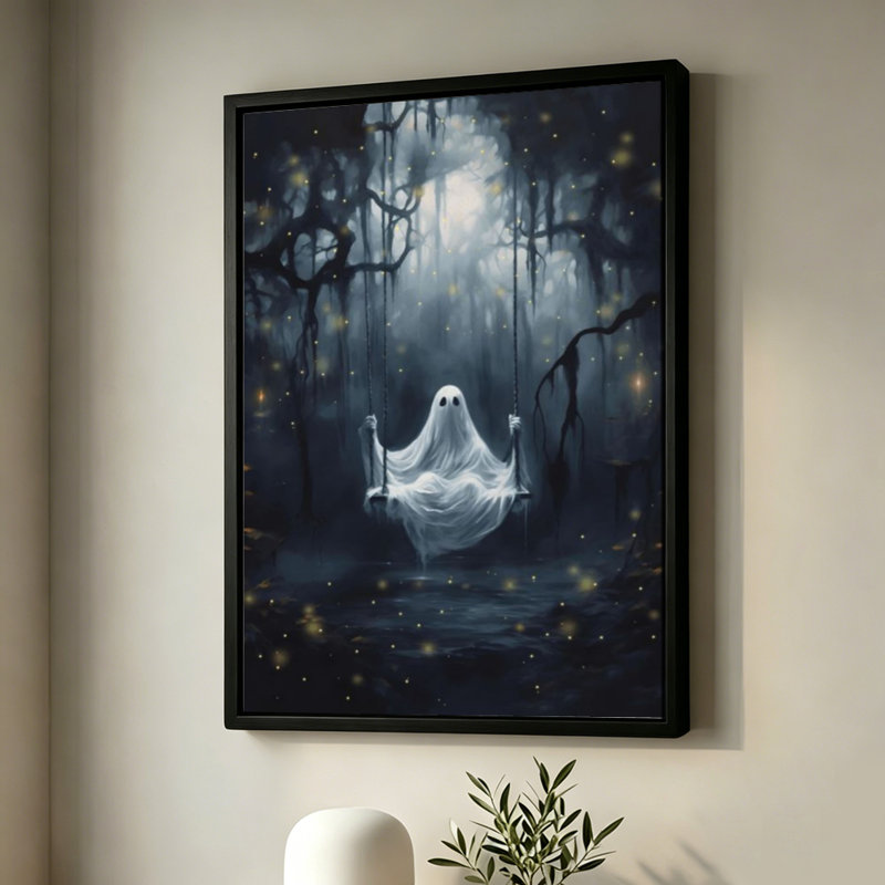 Fantôme d'Halloween sur une balançoire dans une forêt brumeuse, tableau sur toile encadré, cadre beige, 50 x 75 cm, Beige