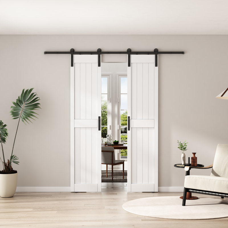 Porte de grange coulissante double en panneau de fibres à densité moyenne avec ensemble de quincaillerie, recouverte d'une surface en PVC imperméable, assemblée