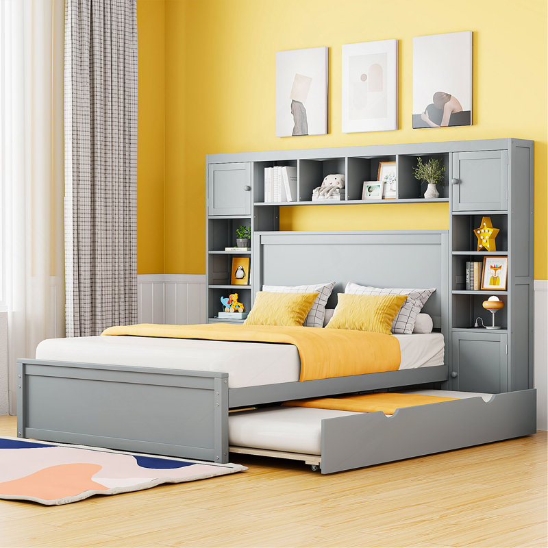 Lit double en bois avec armoire tout-en-un, tablette et prises, lit gigogne simple, Gris