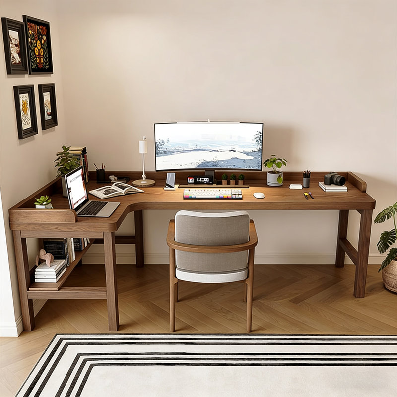 Bureau d'étude de coin en L en bois massif de style Mid-Century moderne avec garde-corps brun foncé, Gauche