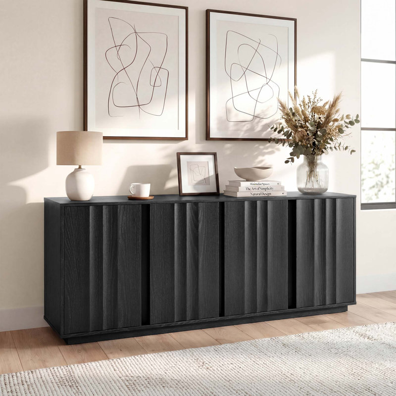 63''W Modern Fluted Sideboard with Adjustable Shelves, Black