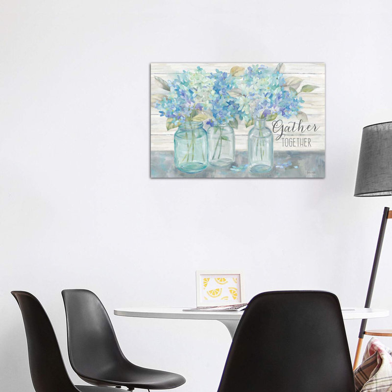 «Farmhouse Hydrangeas in Mason Jars Gather» - reproduction, Toile tendue, H 12 po x l 18 po x 1,5 po