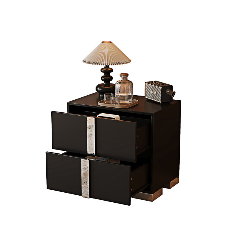 Mirrored Nightstand Bedside Table With Drawers, Black