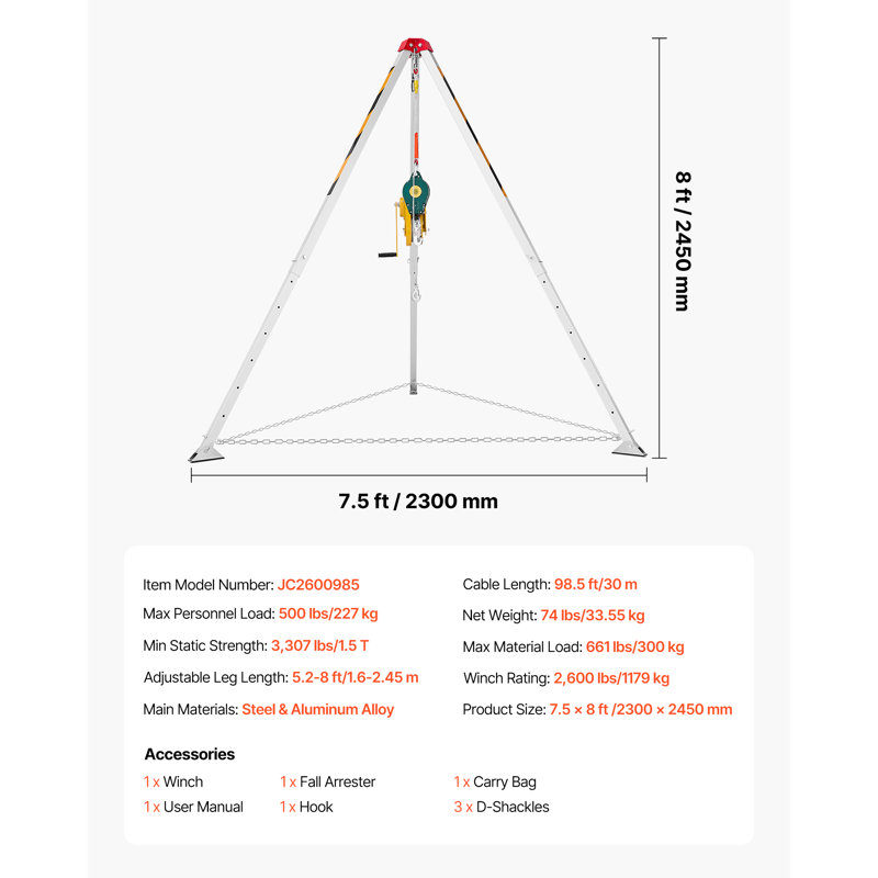 Ensemble de trépied pour espace confiné, treuil de levage pour trépied de secours robuste, treuil 2600 lb, pieds réglables de 4,76 pi, ensemble de câble portatif de 98,5 pi, protection contre les chutes de 32,8 pi, hauteur de travail de 5,25 à 8,04 pi