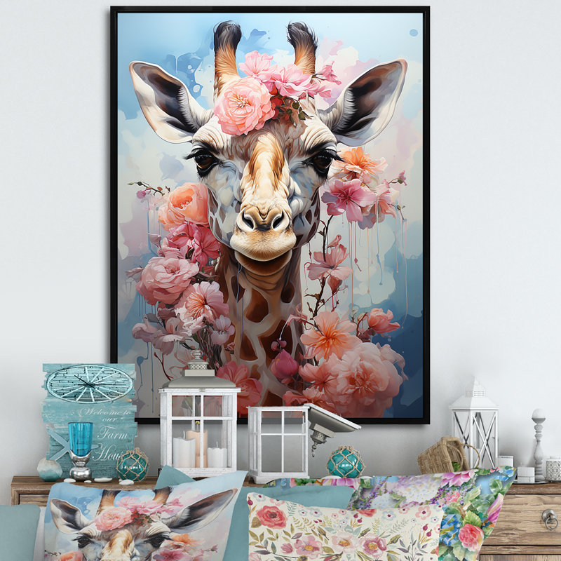 Adorable mignonne rose girafe, portrait II - Girafe, reproduction d'art sur toile, Cadre flottant noir