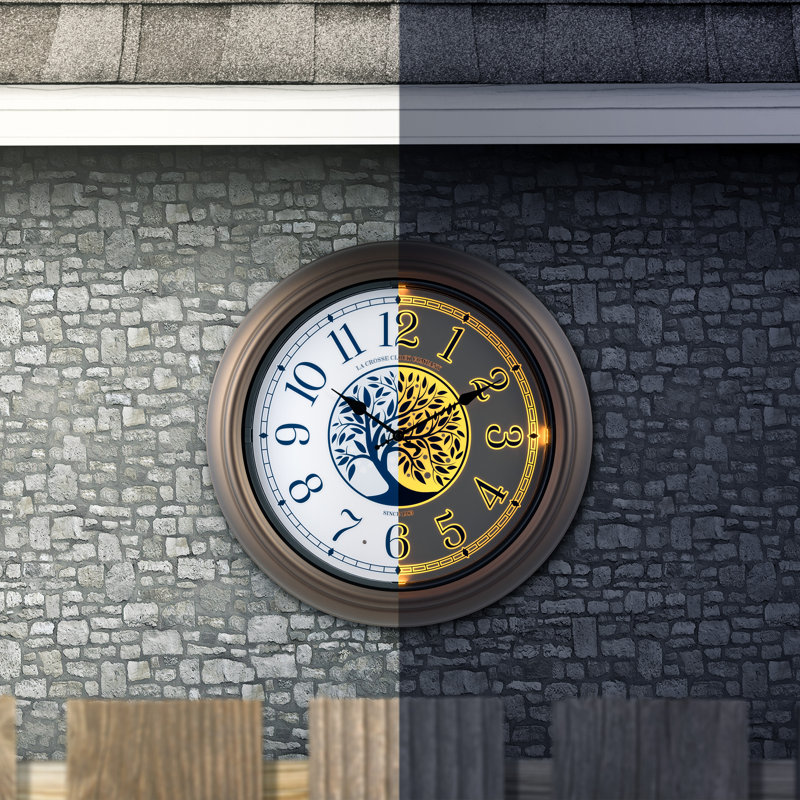 Bronze 18" Weather-Resistant Analog Wall Clock with Night Light