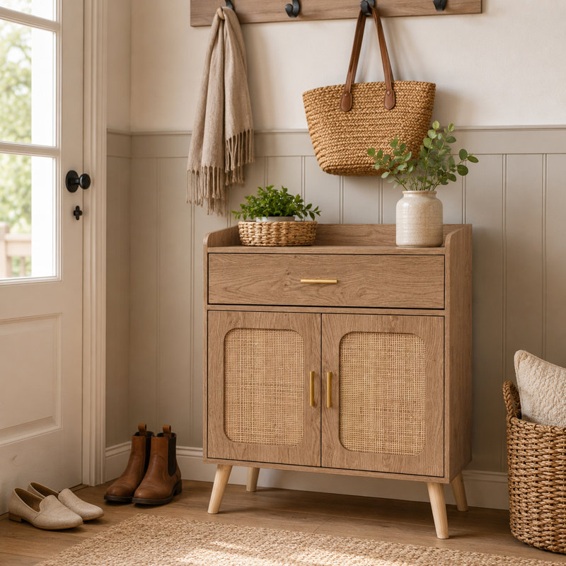 Armoire à chaussures Farmhouse avec tiroir, 2 portes en rotin, tablette réglable et pieds en bois massif pour les vestibules