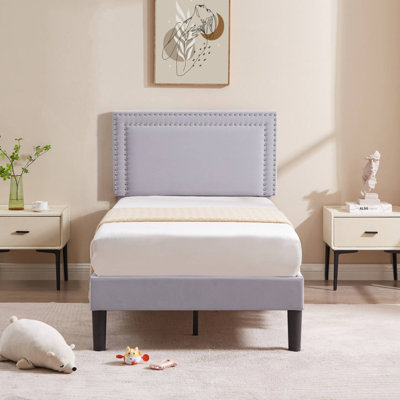 Twin Size Light Grey Velvet Upholstered Platform Bed with Adjustable Headboard, Modern Bed Frame with Wood Slats, No Box Spring Needed