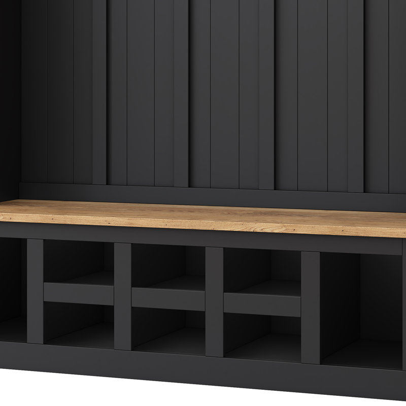 79"H Farmhouse Hall Tree with Storage Bench, Entryway Shoe Storage, 13 Compartments and 6 Hooks, Black, Black