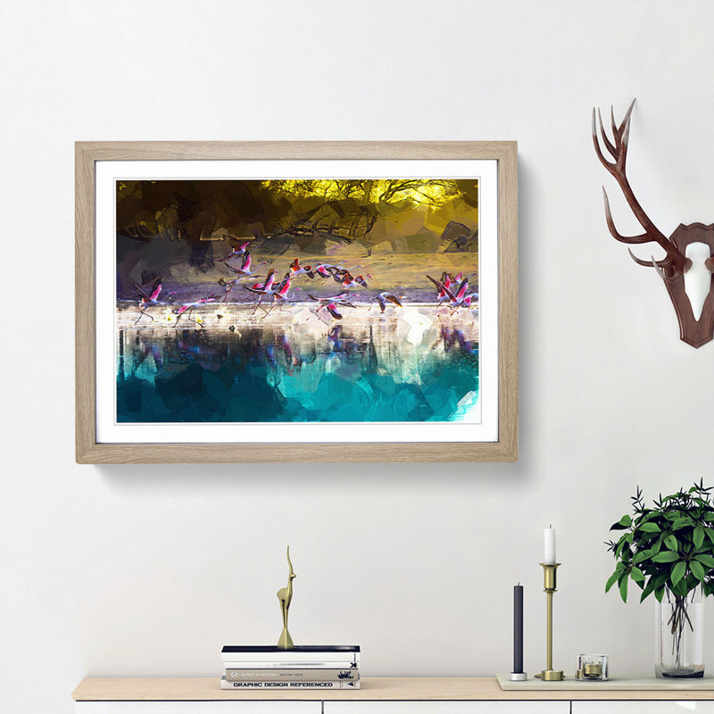 Flamingos Taking Flight in Abstract - Picture Frame Graphic Art Print, Oak Framed, 48cm H x 65cm W x 2cm D
