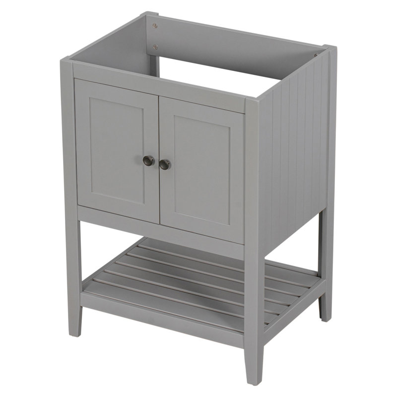 24" Bathroom Vanity Base Only, Soild Wood Frame, Bathroom Storage Cabinet With Doors And Open Shelf, Gray