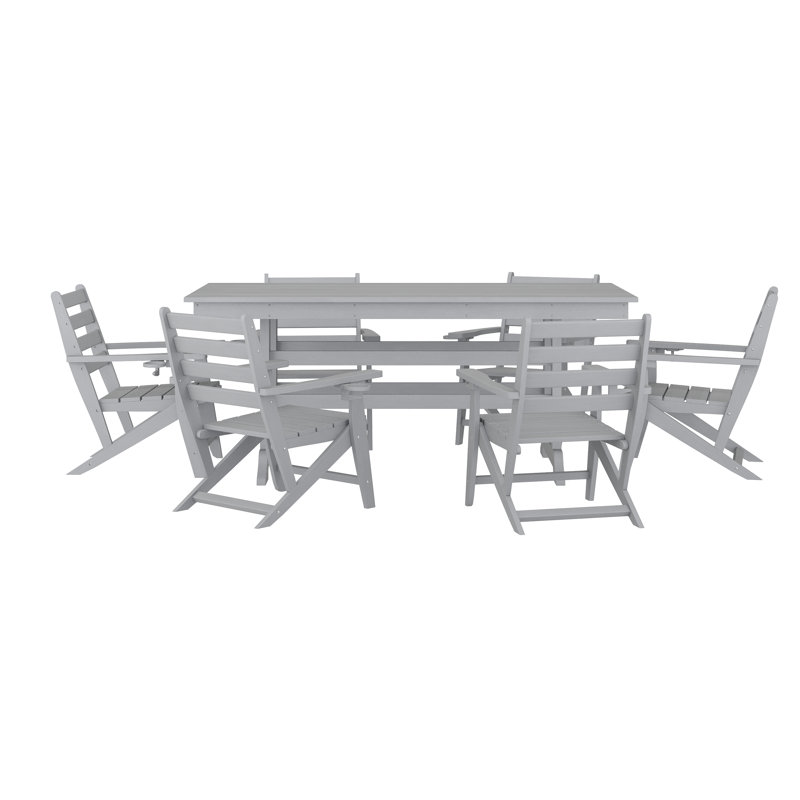 Commercial All Weather Adirondack Table And 6 Chairs With Cupholders, Gray