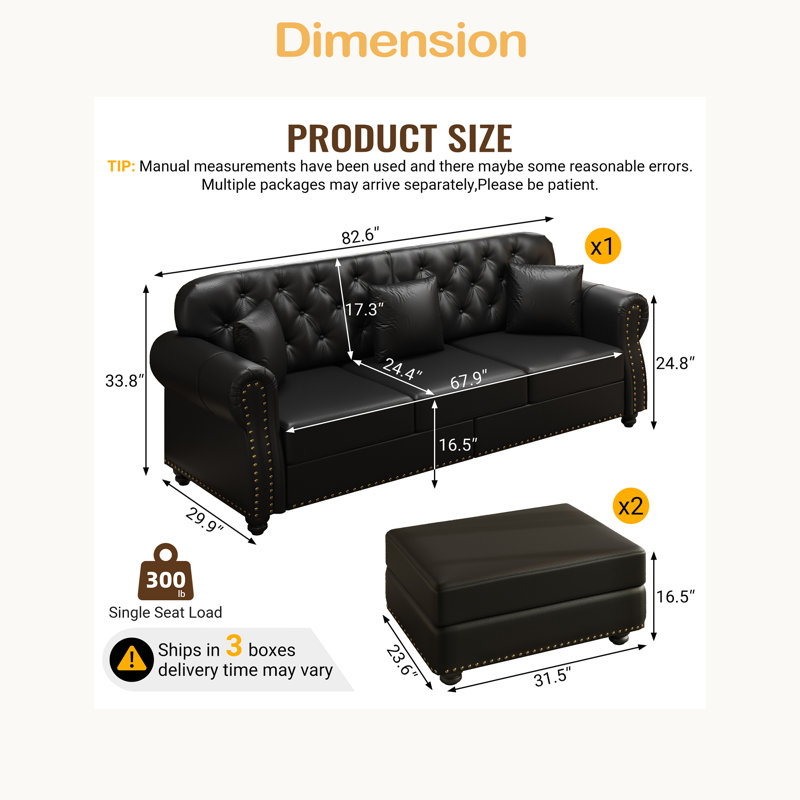 Canapé Chesterfield 82,6 po rembourré en similicuir avec garniture cloutée et accoudoirs roulés, Noir