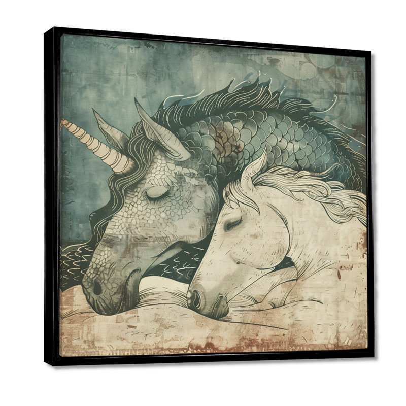 Décoration murale cheval blanc qui dort avec licorne, H 16 po x l 16 po, Toile flottante noire encadrée