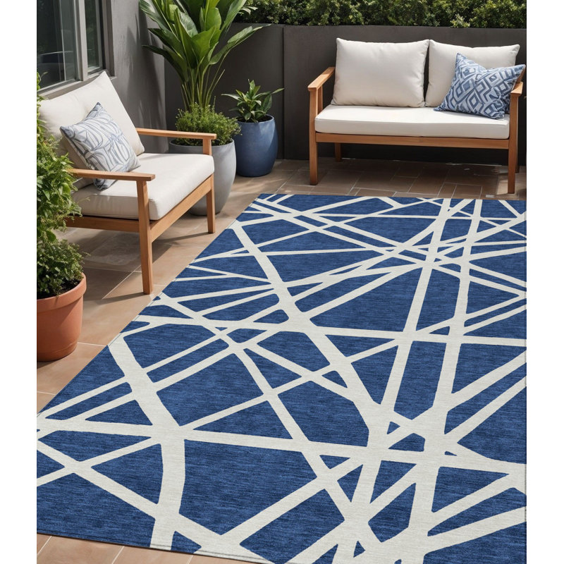 Tapis géométrique lavable intérieur / extérieur 5 pi x 8 pi bleu marine