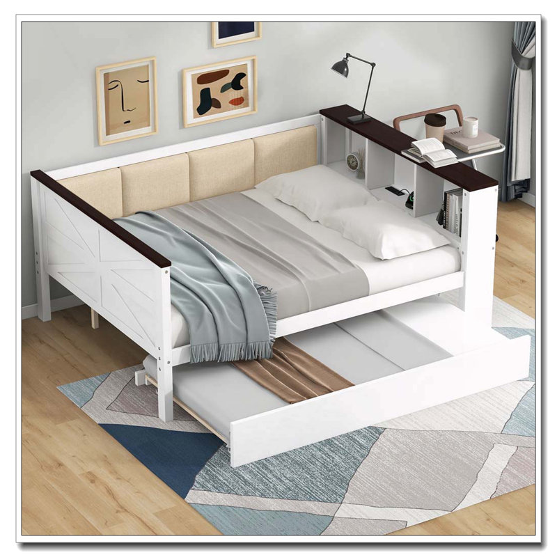 Full Size Wood Daybed with Storage Shelves, Upholstered Backrest,USB and Trundle, White, Full