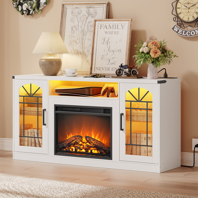 23 Inch 3-Sided Fireplace TV Stand for TVs up to 65", Modern Media Entertainment Center Console Table with Charging Station, Glass Door, LED Light