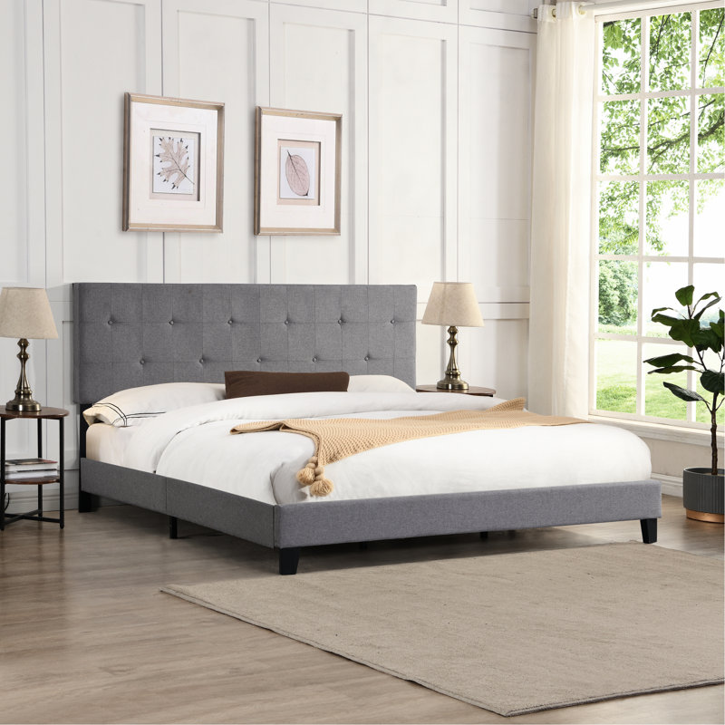 Size Bed Frame With Button Headboard, Upholstered In Grey Linen Fabric, No Box Spring Needed, Wood Slat Support, Easy Assembly Reliable Framework Structure