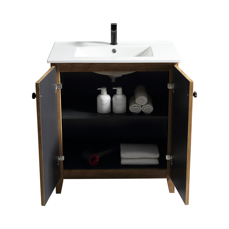 Meuble-lavabo autoportant de 30 po avec lavabo, portes à fermeture en douceur et rainure verticale - style Shaker pliable, tablette réglable, s'installe en 30 secondes