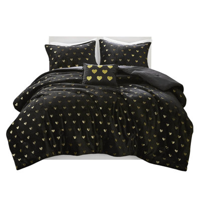 3 Pcs Black/gold Microlight Comforter With Throw Pillow For Twin/twin Xl, , Machine Washable, Microfiber Reverse Metallic Printed Reverse, -