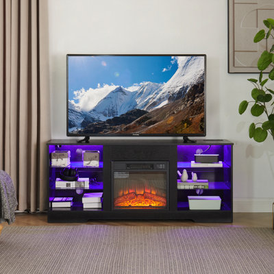 TV Stand For Tvs Up To 62" Electric Fireplace TV Stand With Glass Shelves, 3D Fireplace TV Stand With LED Lights Wood With USB Charging Outlet Modern Television Table Center For TV Up To 32-62"