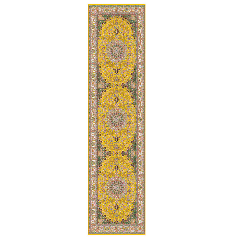 Tapis jaune jaune beige oriental en polyester tissé à la machine, Tapis de couloir 2 pi 8 po x 9 pi 11 po