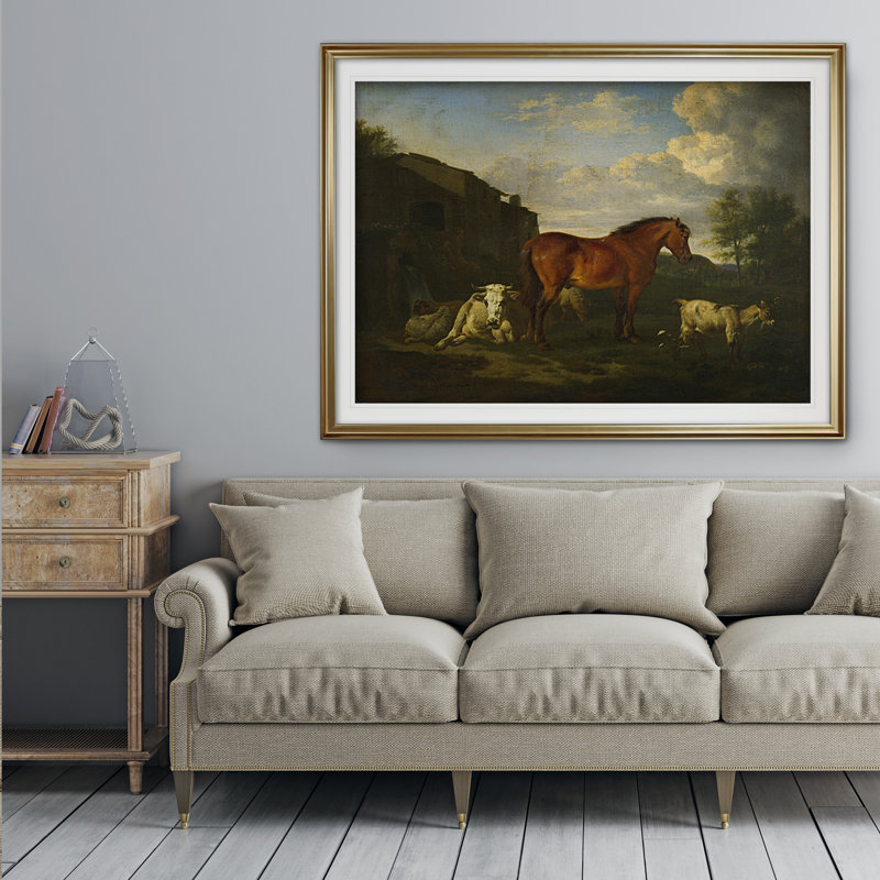 « animaux près d’un bâtiment », impression, Cadre doré, Blanc mat, H 28 po x l 38 po x P 1,5 po