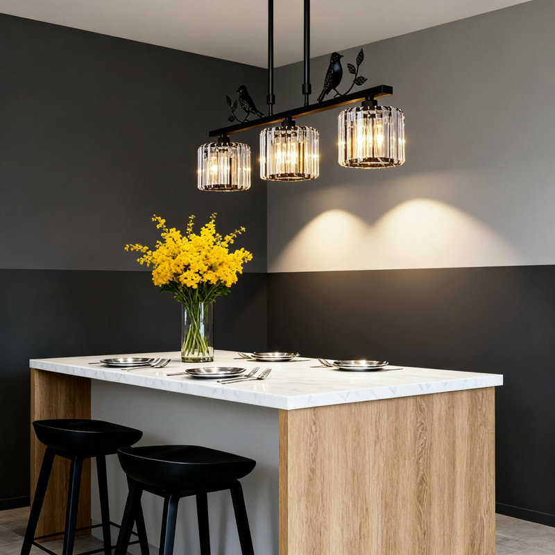 3-Light Dimmable Black Matte Crystal Pendant Light