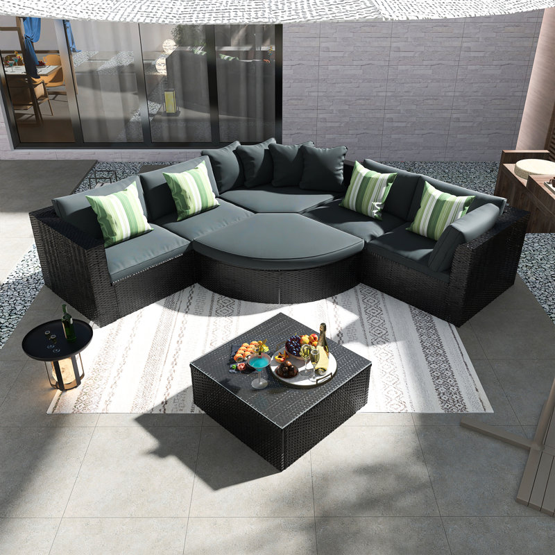 7-Piece Outdoor Wicker Sofa Set, Rattan Sofa Lounger,Removable Tempered Glass Top For The Coffee Table, With Striped Green Pillows, Adjustable Feet,Modular Design,Conversation Sofa, For Patio, Garden, Deck,  Black Wicker