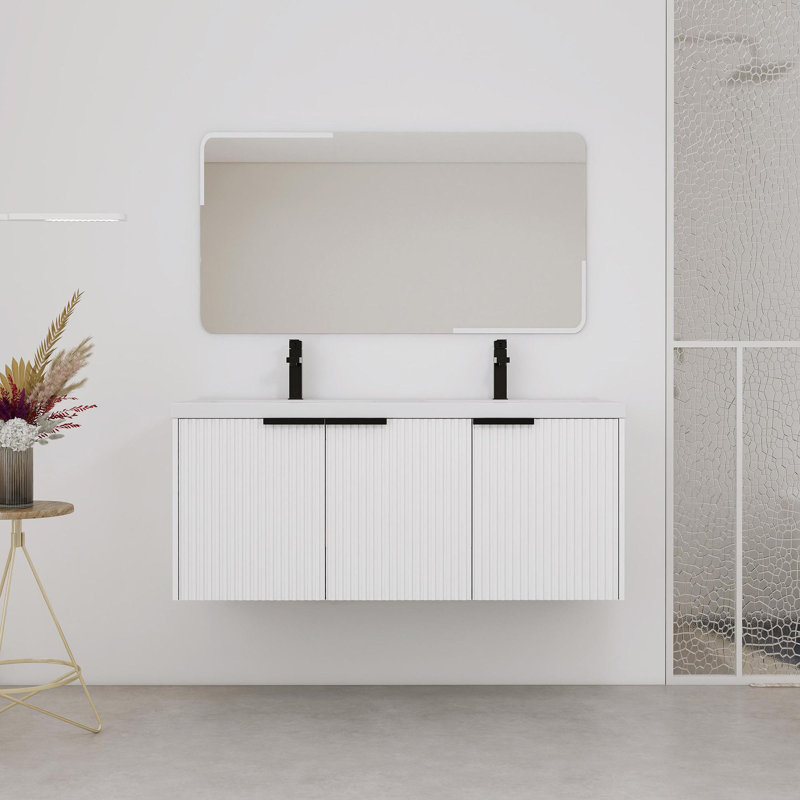 48" Wall Mounted Bathroom Vanity with Resin Double Sink & 3 Soft-Close Doors, White/Black