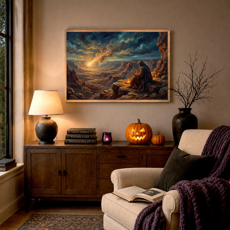 Personnage encapuchonné avec boussole observant une météorite au-dessus de l'Halloween - Toile murale, 36"H x 48"W