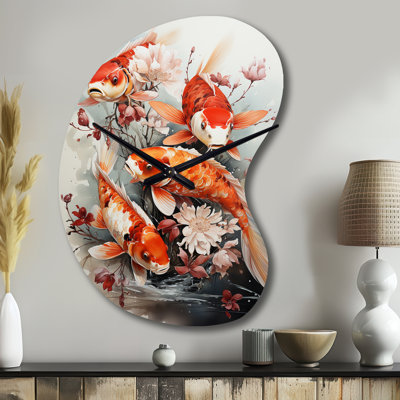 Fishing Contemporary Koi Fish I - Coral Asymmetrical Metal Clock, Traditional Unique Shape Wall Clock Print