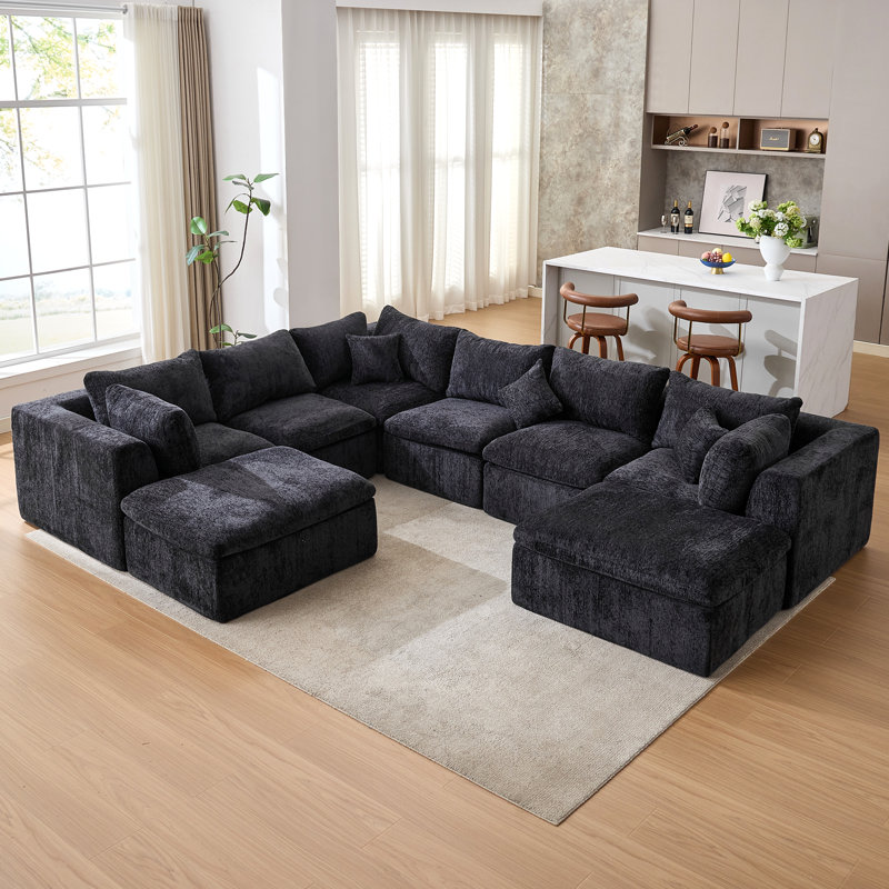 Canapé modulaire rembourré 8 pièces 8 pièces, Chenille noir, H 25,6 po x l 145 po x P 113 po